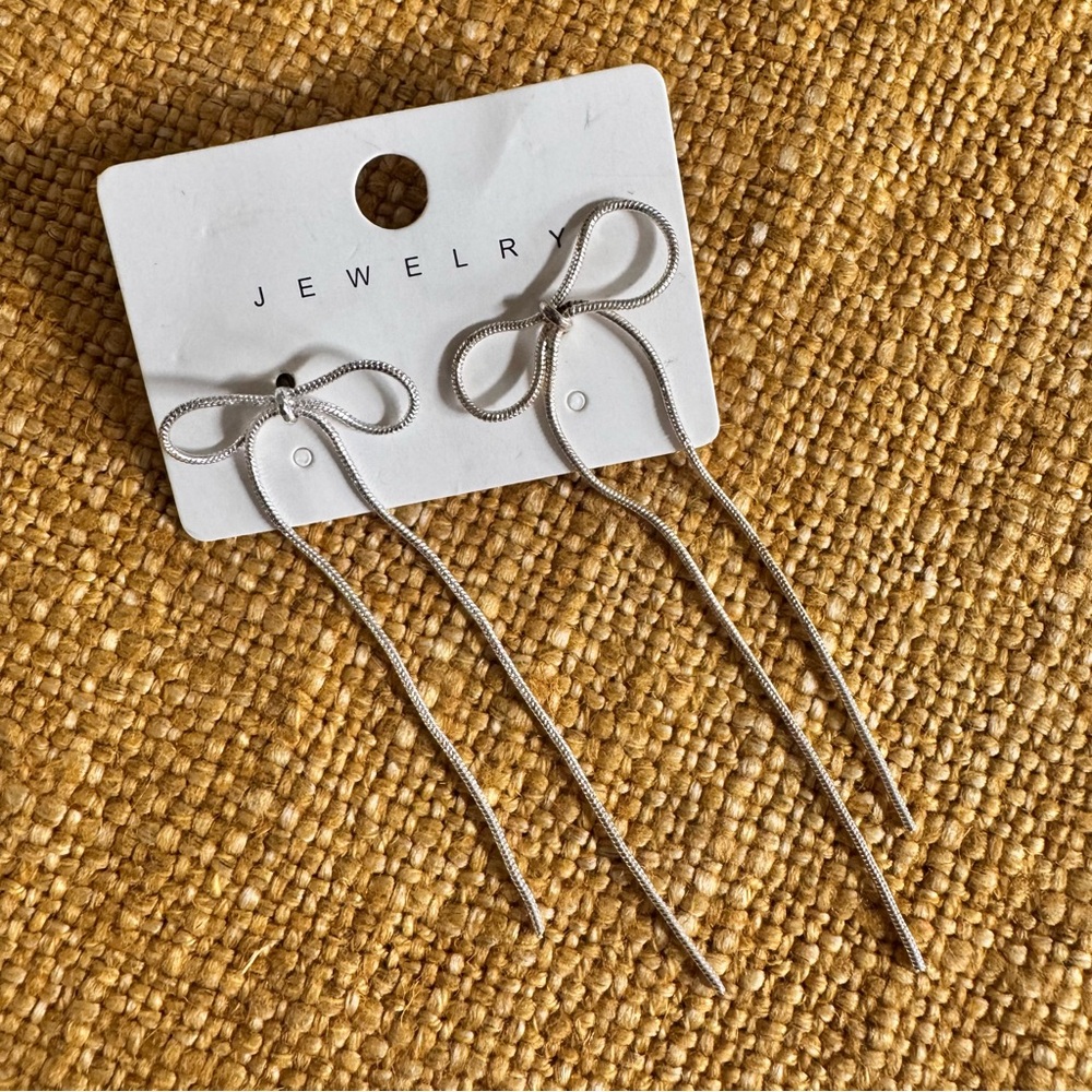Silver Bow Dangle Earrings Chain 3”